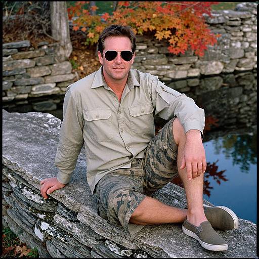Photograph of a middle-aged man with short brown hair, wearing sunglasses, beige shirt, camouflage shorts, and gray sneakers, sitting on a stone ledge
