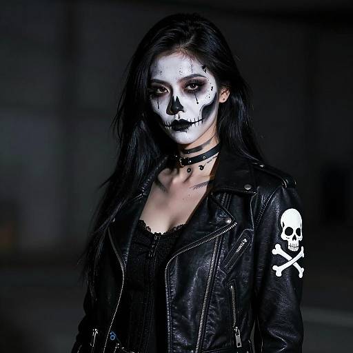 Woman with Skull Face Paint in Leather Jacket