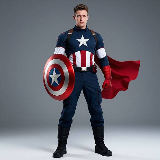 Photograph of a muscular man in Captain America's costume, holding a shield, with a red cape, standing against a gray background.