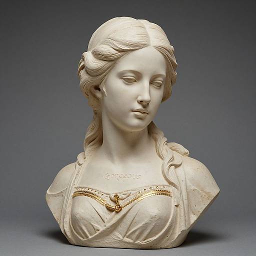 Photograph of a classical white marble bust of a serene young woman with wavy hair, wearing a detailed, gold-embellished dress.