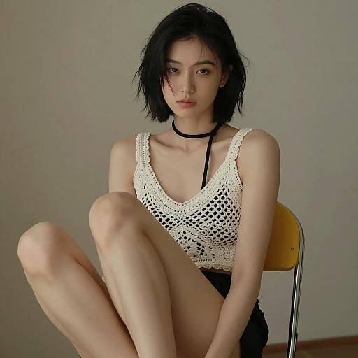 Asian Woman in White Crochet Top Sitting on Yellow Chair