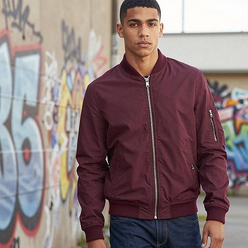 Photograph of a young Black man with short hair wearing a maroon bomber jacket and dark jeans, standing in front of a graffiti-covered wall.