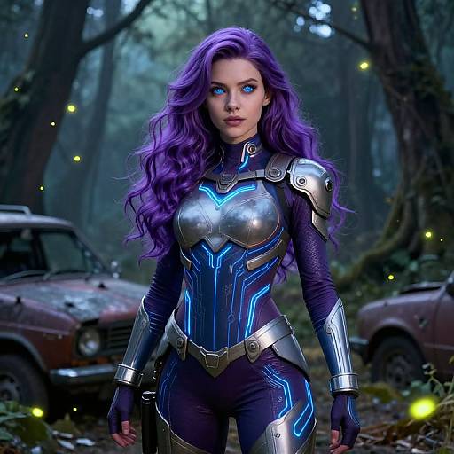 Photorealistic digital art of a purple-haired woman in futuristic armor with blue glowing patterns, standing in a dark, enchanted forest with fireflies, and