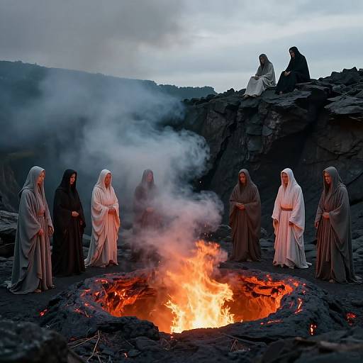 Photograph of seven robed figures, six standing around a vivid fire pit emitting smoke, one seated on rocky hilltop, against a cloudy sky backdrop