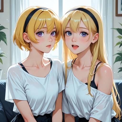 Blonde and Brunette Girls by Window