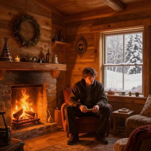 Photograph of a man in a dark sweater sitting by a roaring fireplace in a wooden cabin, snowy winter scene visible through the window.