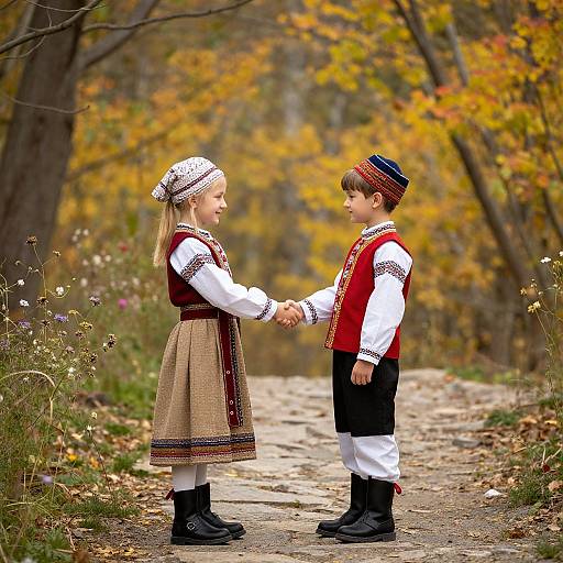Photograph of a young girl and boy in traditional autumnal folk attire, holding hands on a leaf-laden path in a vibrant, autumn forest.