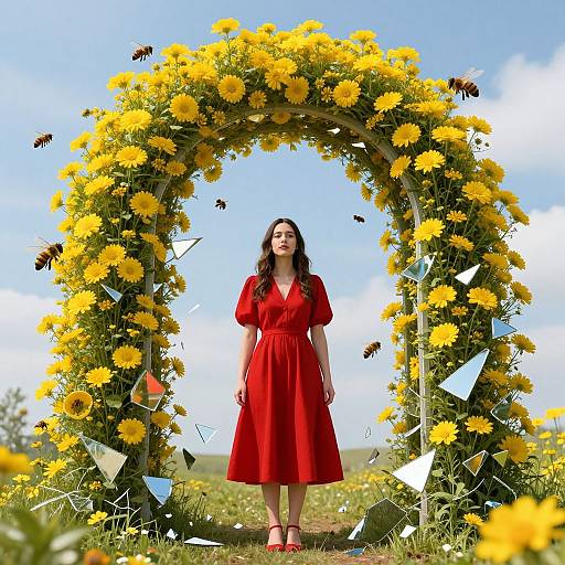 Photograph of a woman in a red dress standing under a sunflower arch, surrounded by colorful paper flags and bees, against a bright blue sky.