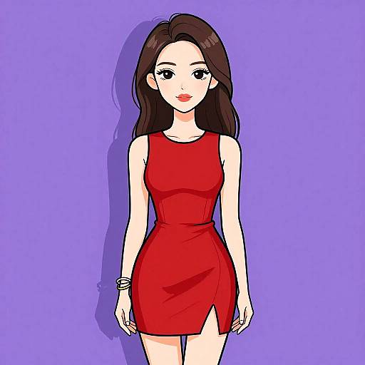 Digital anime-style illustration of a fair-skinned woman with long brown hair, wearing a form-fitting red dress with a side slit, against a solid