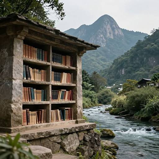 Photograph of a stone, rustic bookshelf filled with old books, positioned on a rocky riverside, with a mountainous, forested background.