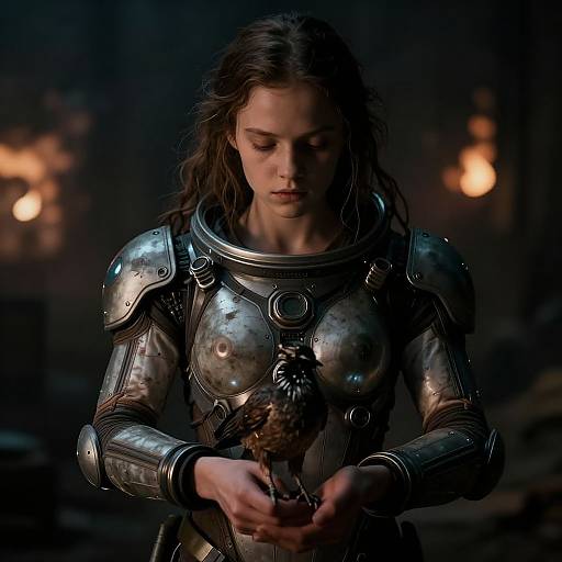 Photograph of a solemn, fair-skinned woman with wavy brown hair, wearing detailed, reflective medieval armor, holding a feathered object in dim