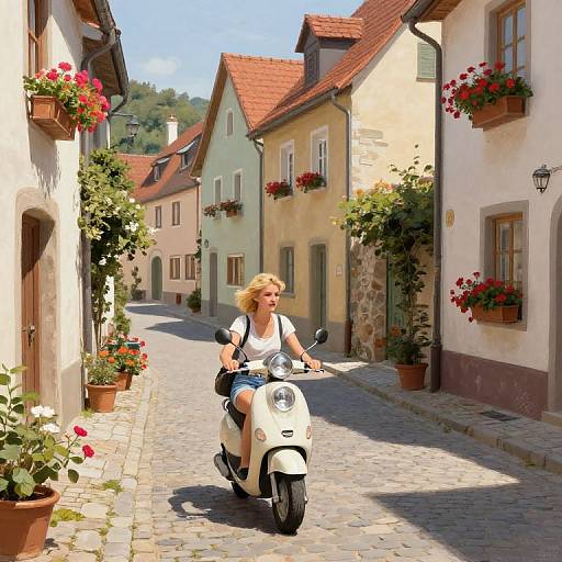 Blonde woman with short hair rides white scooter down charming, sunlit cobblestone street lined with colorful, flower-adorned European-style houses.