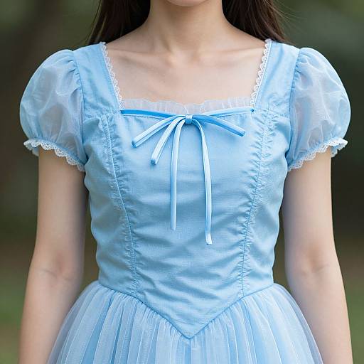 Photograph of a young woman in a light blue, short-sleeved, puffed-sleeve dress with lace trim and ribbon tie, standing