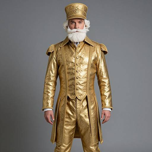 Photograph of a man in a shiny gold medieval-style outfit with a tall hat, white beard, and epaulettes, standing against a plain