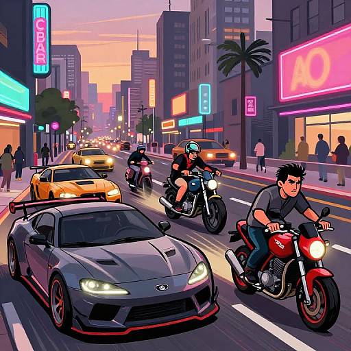 Digital anime-style city street at sunset, featuring a black sports car, two motorcycles, a yellow taxi, neon signs, and pedestrians.
