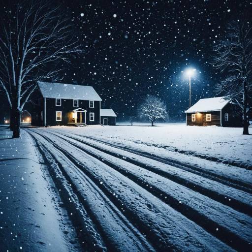 Snowfall on Quiet Rural Farmland at Night