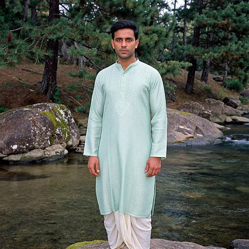 Photograph of a young South Asian man with short black hair, wearing a light green traditional kurta and white pants, standing in a forest by a