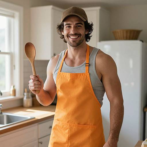 Photograph of a smiling, muscular man with dark hair and beard, wearing an orange apron, gray tank top, and brown cap, holding a