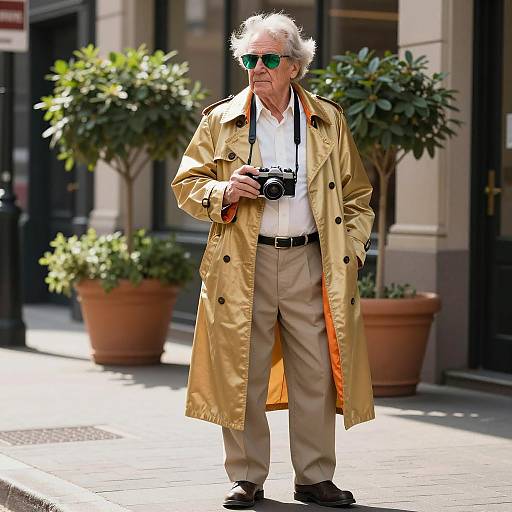 Elderly Man in Golden Trench Coat Holding Camera