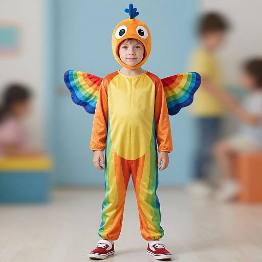 Photograph of a young boy in a colorful bird costume with rainbow wings, orange beak, and yellow body, standing in a bright, blurry classroom