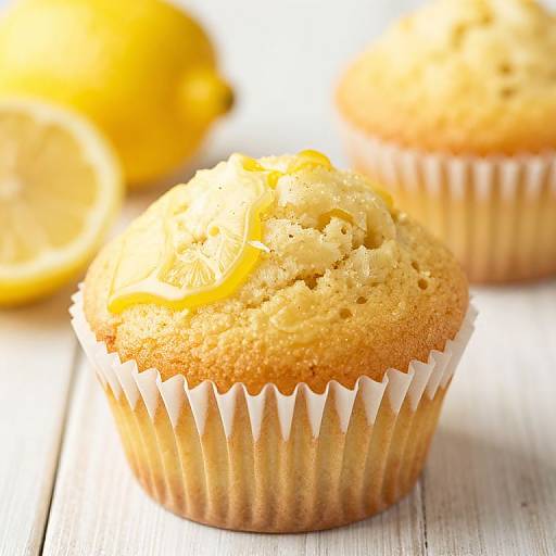 Photograph of two golden-yellow lemon muffins with white paper liners, topped with lemon zest, on a white wooden surface.