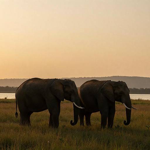 Golden Sunset Elephants by the Lake