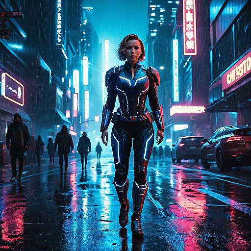 Cybernetic Warrior in Neon City Rain