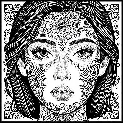 Intricate Black and White Woman's Portrait