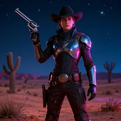 Photorealistic CGI of a confident woman in neon-lit, metallic cowboy armor, holding a gun, standing in a desert at night.