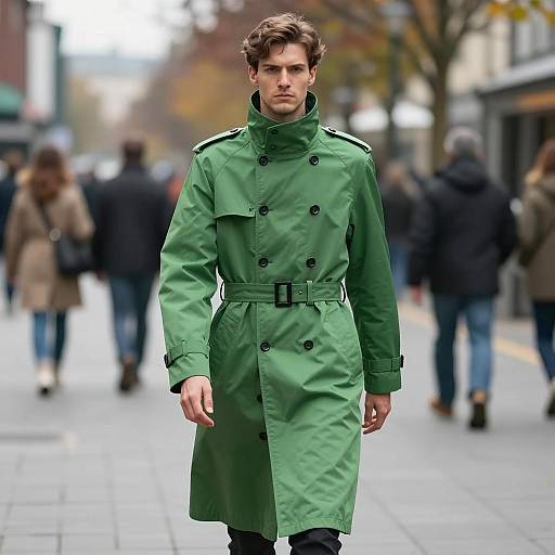 Male Model in Green Trench Coat on Urban Street