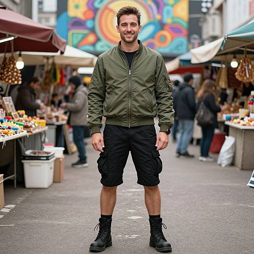Photograph of a smiling man with short brown hair, wearing a green jacket, black shorts, and black boots, standing in a bustling outdoor market with
