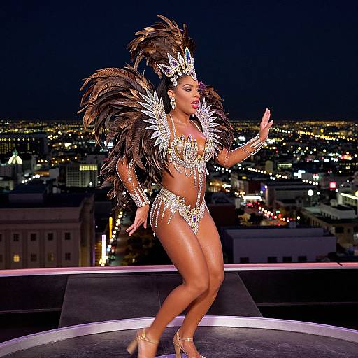 Photograph of a dark-skinned woman with a toned physique, wearing a sparkling, feathery costume and high heels, dancing on a rooftop at