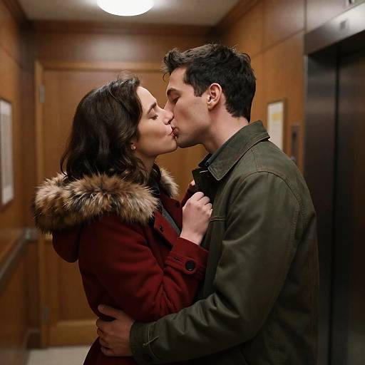 Romantic Kiss in Wooden Hallway