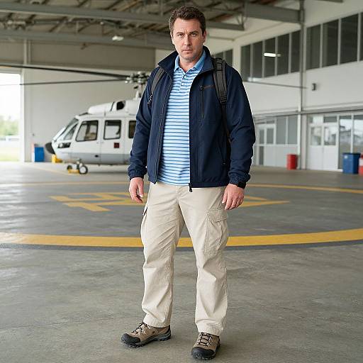 Photograph of a serious-looking man in a blue-striped shirt, navy jacket, beige pants, and brown shoes, standing in a hangar with a