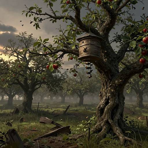 Misty Orchard with Dying Apple Trees