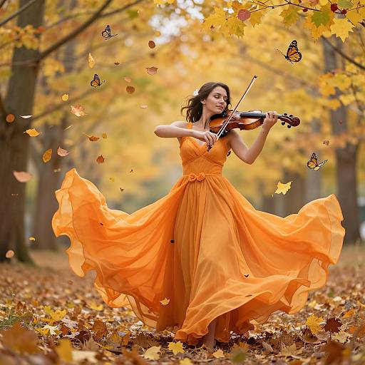Photograph of a woman in a flowing orange dress playing violin, surrounded by falling autumn leaves and butterflies, in a vibrant, yellow-leaved forest.