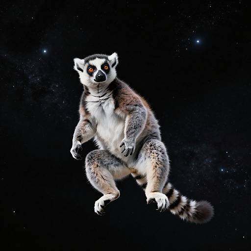 Photograph of a jumping ring-tailed lemur against a starry black space background, showcasing its white face, black nose, and vivid orange eyes