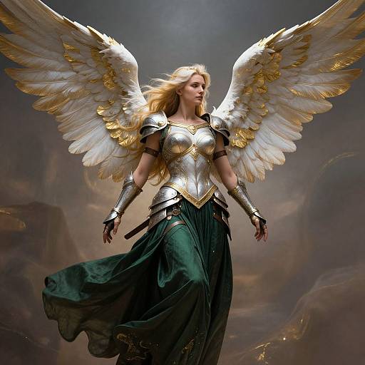 Digital artwork of a blonde angelic warrior with white, golden-feathered wings, wearing silver armor and a green flowing skirt, floating in a mystical