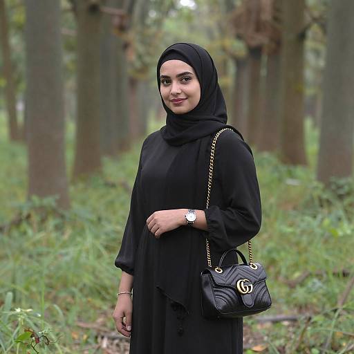 Young Woman in Black Hijab Forest