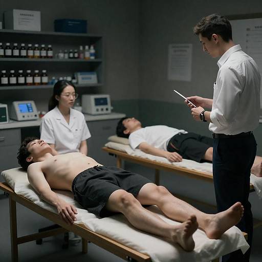 Dim Industrial Clinic with Two Patients