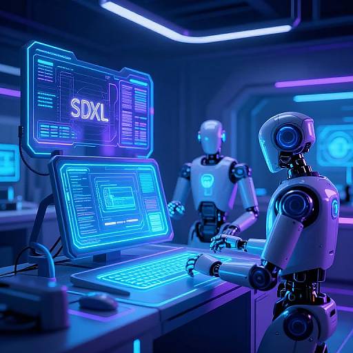 Photorealistic CGI of three glowing blue robotic figures in a futuristic lab, working on illuminated neon screens displaying 