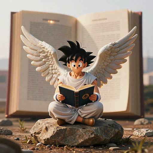 Digital artwork of a black-haired, angel-winged Goku, sitting cross-legged on a rock, reading an open book in a sunlit, rocky desert