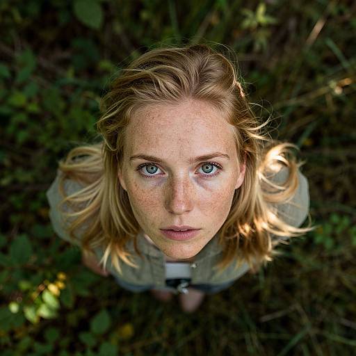 Photograph of a blonde, freckled woman with blue eyes looking up from forest floor, sunlight in her hair, wearing a gray shirt.