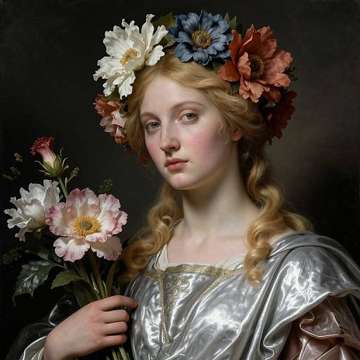 Photorealistic portrait of a fair-skinned, blonde woman with wavy hair, wearing a silver gown, holding a bouquet of flowers in her hand