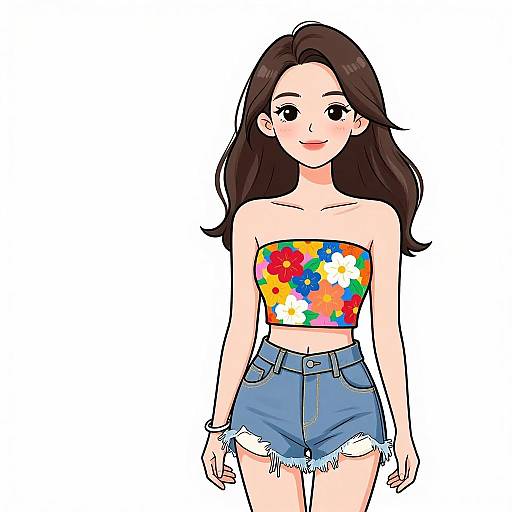 Digital anime-style drawing of a smiling young woman with long dark hair, wearing a colorful floral tube top and blue denim shorts.