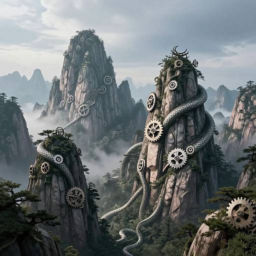 Digital fantasy artwork: towering rock spires with gear-like decorations, winding metallic snake, misty sky, and dense forest. Dark, steampunk