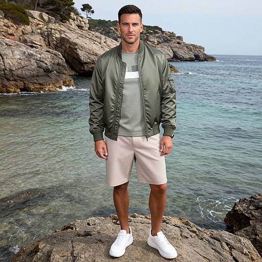 Photograph of a handsome, fit man with short dark hair, wearing a green bomber jacket, gray t-shirt, beige shorts, and white sneakers,