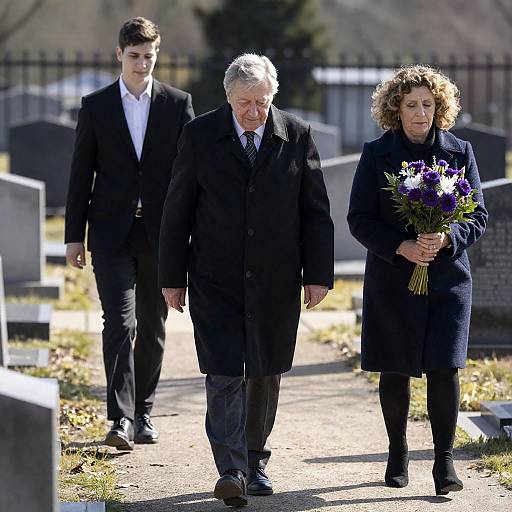 Three People Walking in Cemetery with Flowers