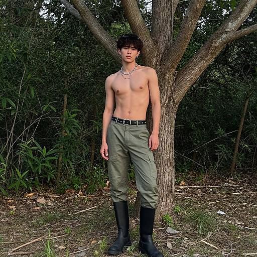 Photograph of a young, shirtless Asian man with short black hair, wearing green pants, black belt, and boots, standing against a tree in