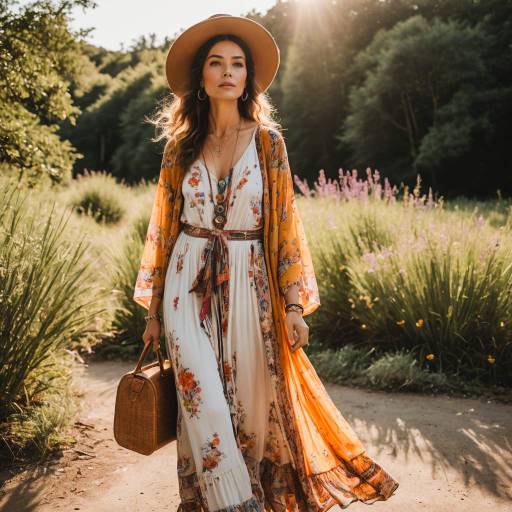 Bohemian Woman in Flowy Maxi Dress and Hat